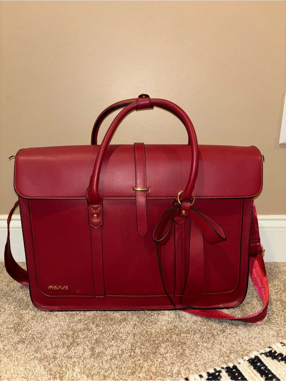 Red Leather Briefcase with Top Handles and Detachable Straps